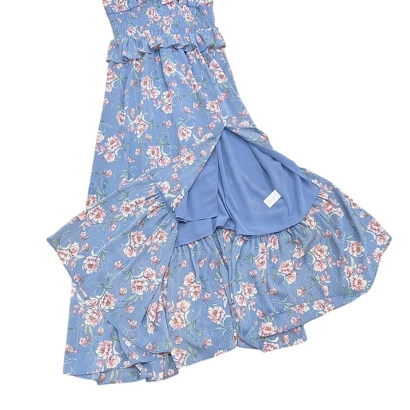 Floret Studios blue floral v neck smocked ruffle midi dress high slit size small - Picture 12 of 14